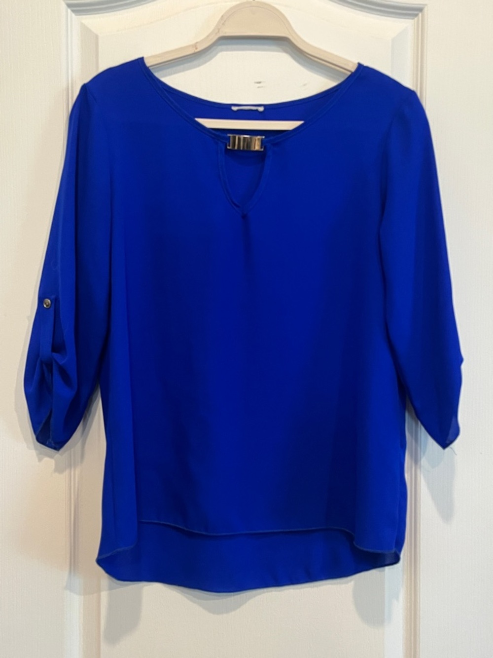 Bright Blue 3/4 Sleeve Blouse with Metal Neck Accent